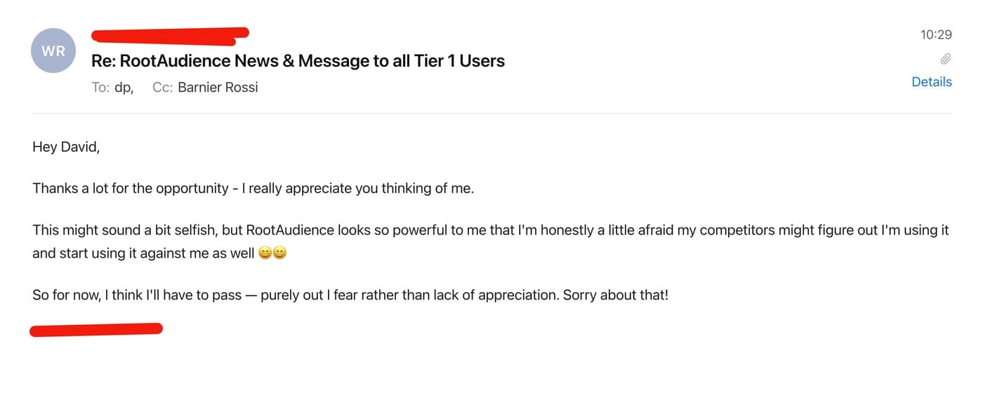 Email from a customer declining to give a testimonial